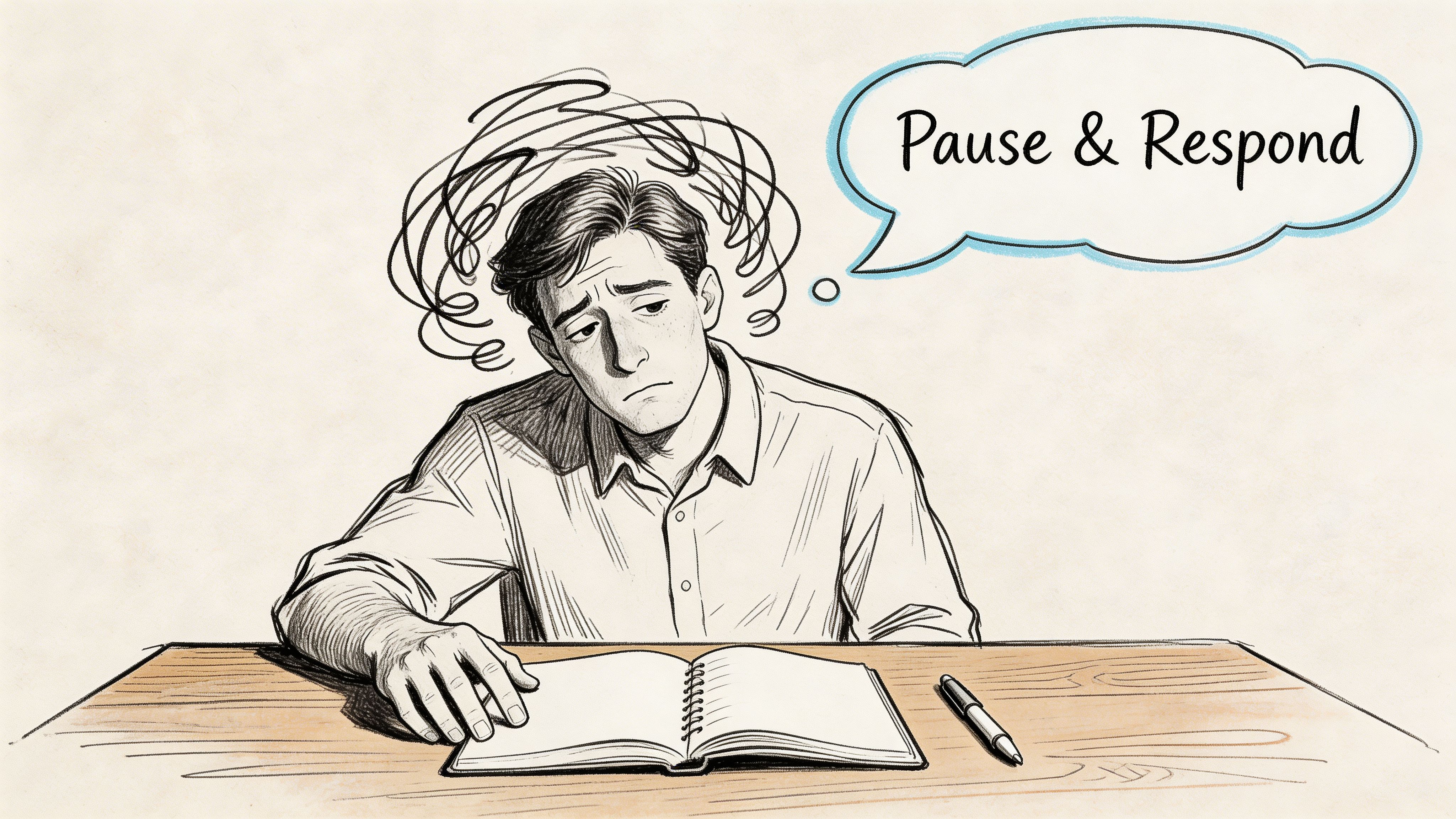 A man appearing overwhelmed and stressed while sitting at a desk with an open notebook and pen.