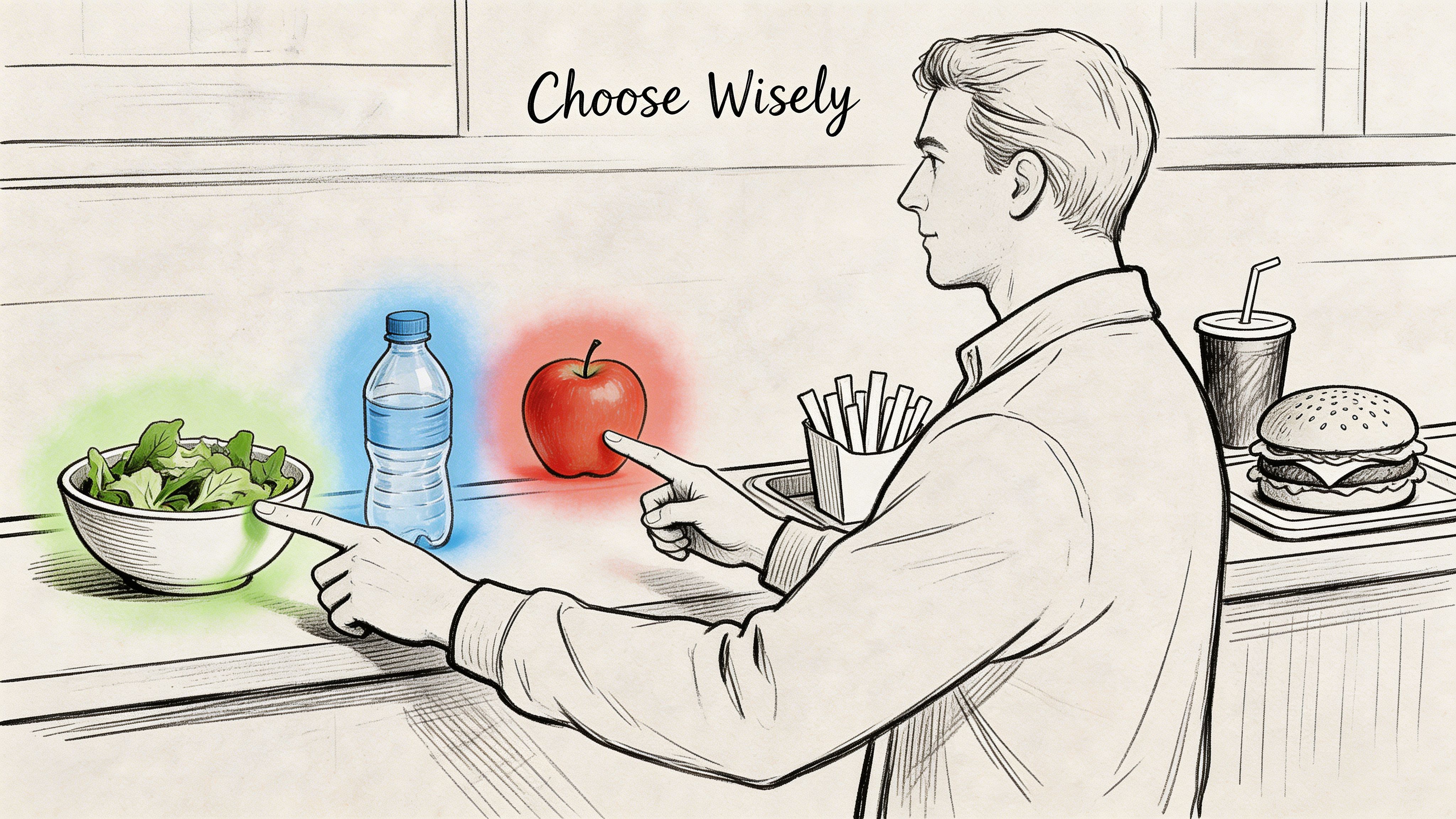 A man choosing between a healthy salad and apple versus fast food in an office environment.