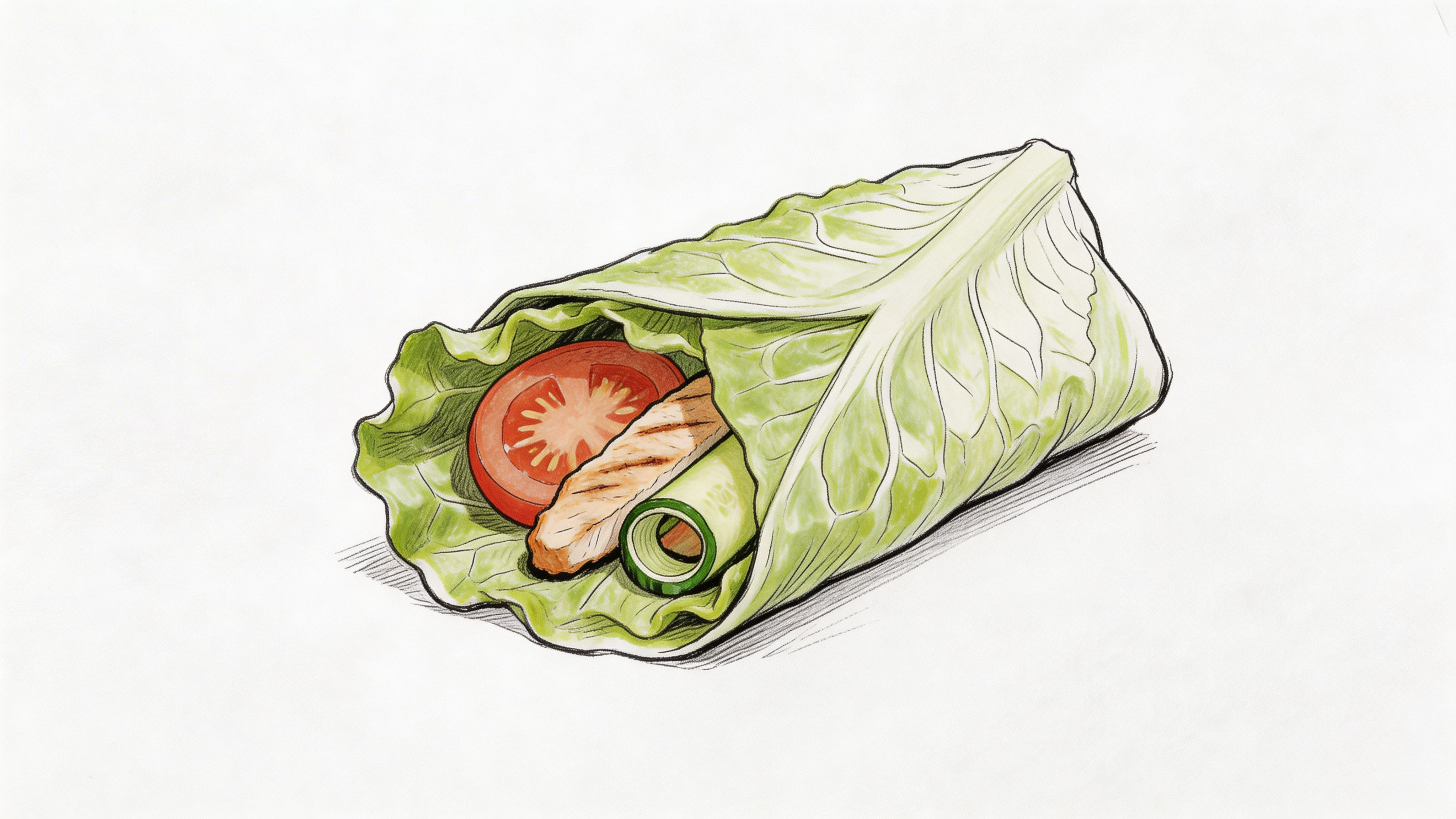 A hand-drawn illustration of a lettuce wrap filled with grilled chicken, a tomato slice, and cucumber.