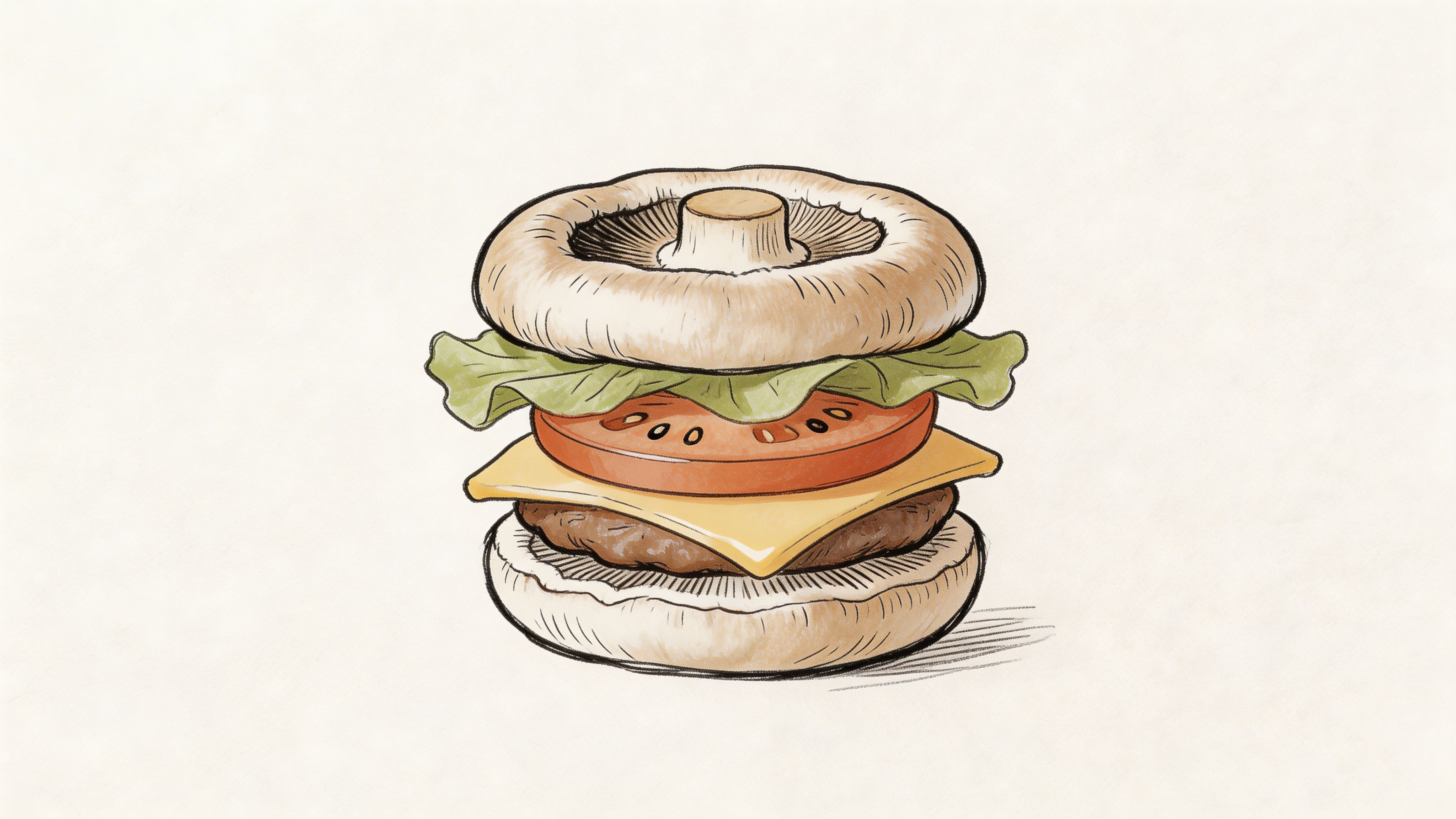 A hand-drawn illustration of a burger using large portobello mushroom caps instead of traditional bread buns.