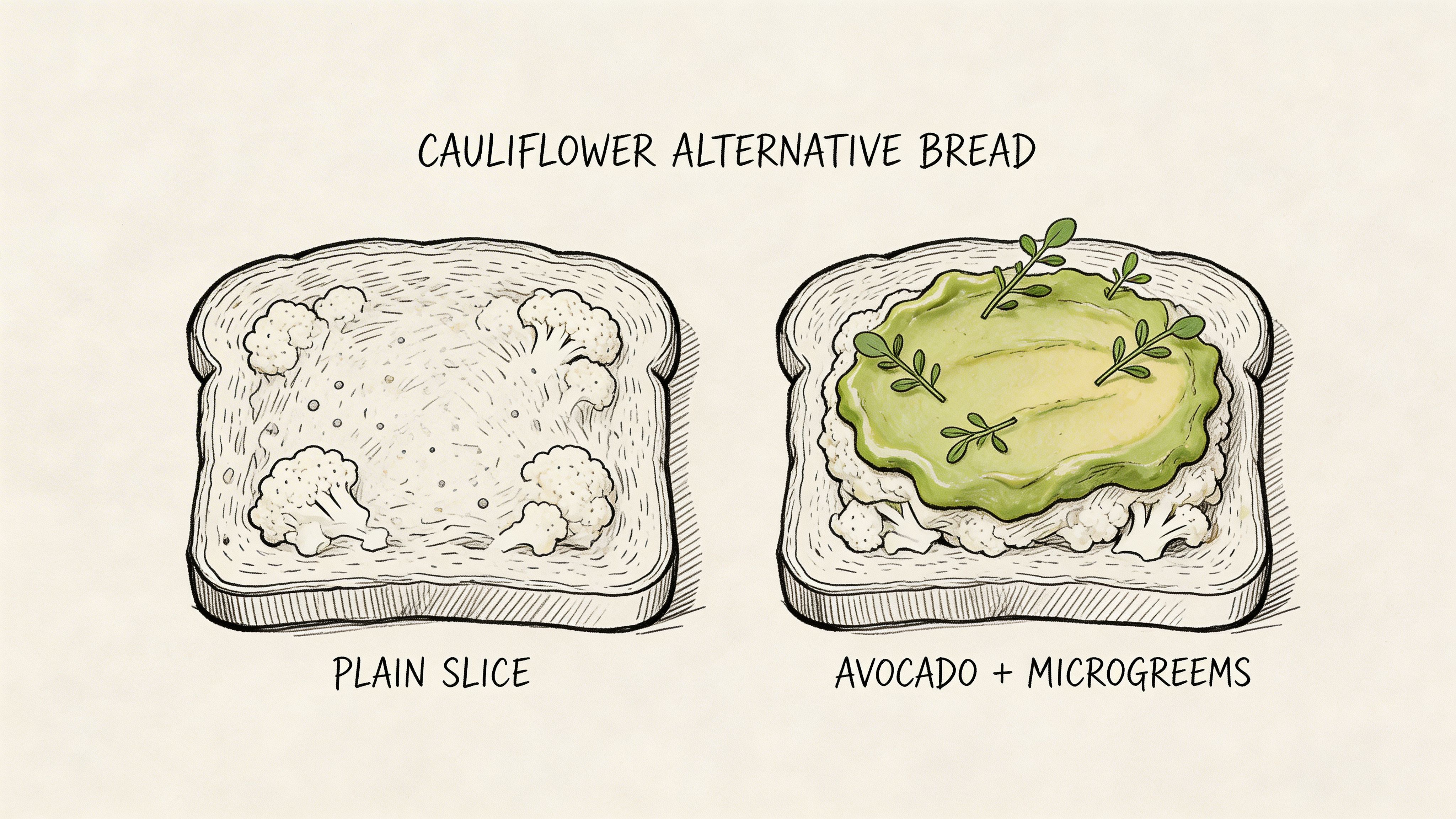 A hand-drawn illustration showing two slices of cauliflower alternative bread, one plain and one with avocado.
