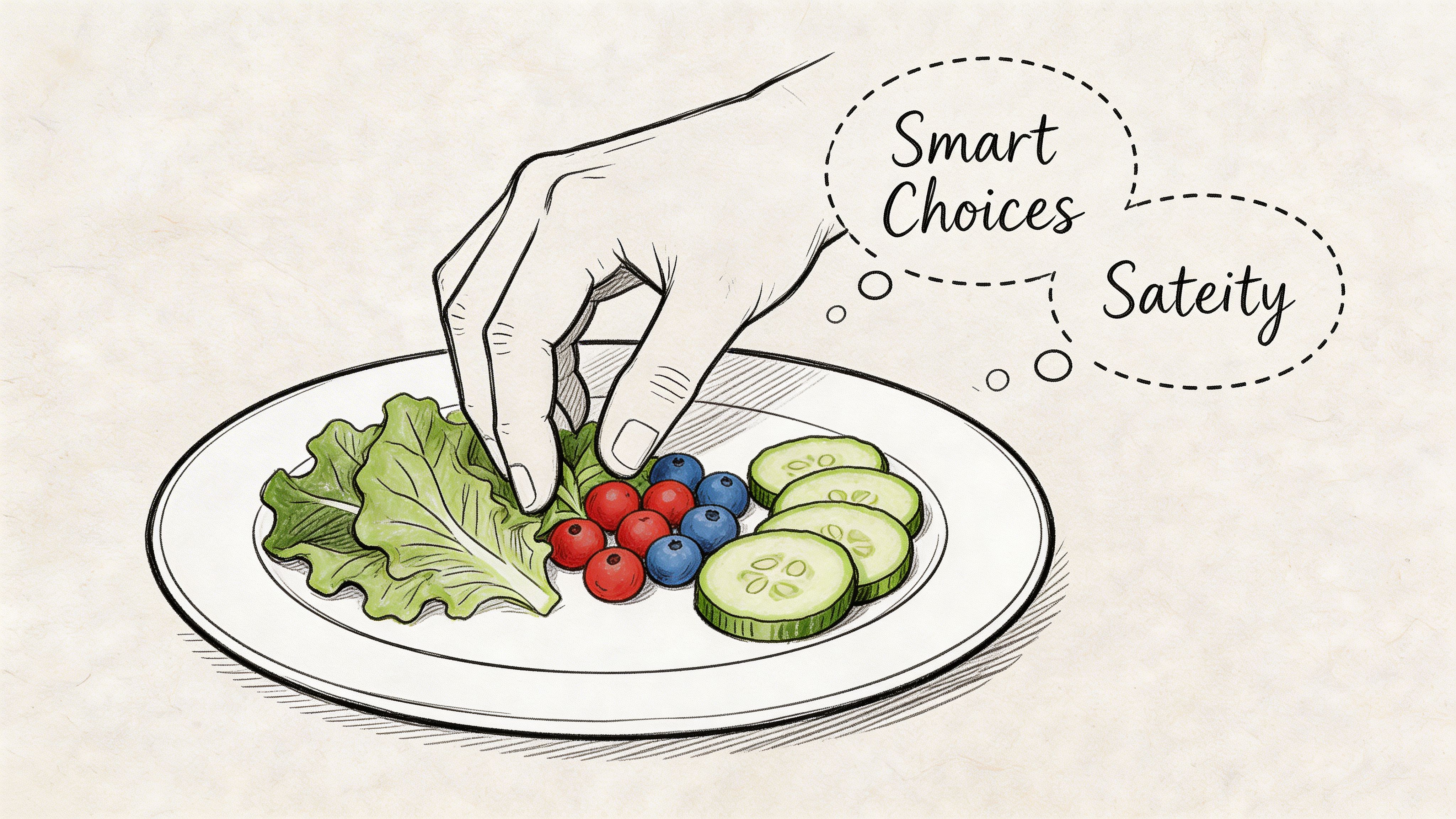 A hand picking up a piece of lettuce from a plate of healthy berries and cucumber slices.