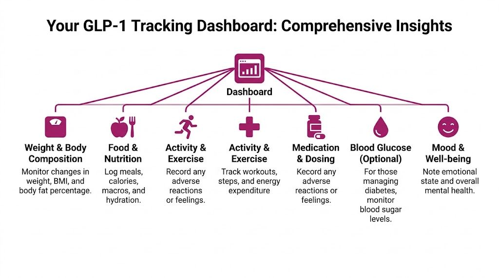 A diagram illustrating a GLP-1 tracking dashboard with icons for monitoring weight, food, exercise, medication, glucose, and mood.