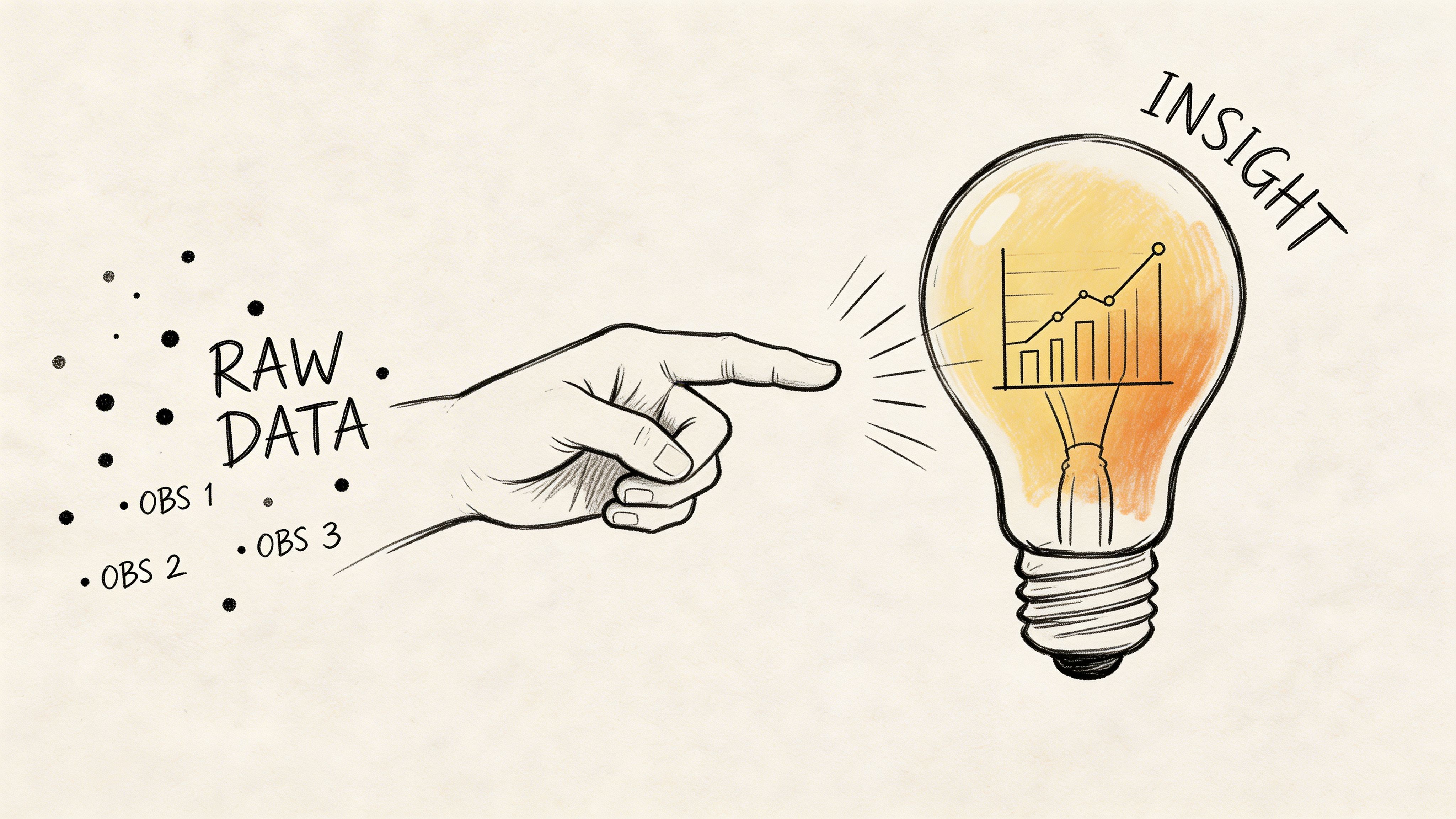 A hand pointing from a cloud of raw data dots towards a glowing lightbulb representing insight.