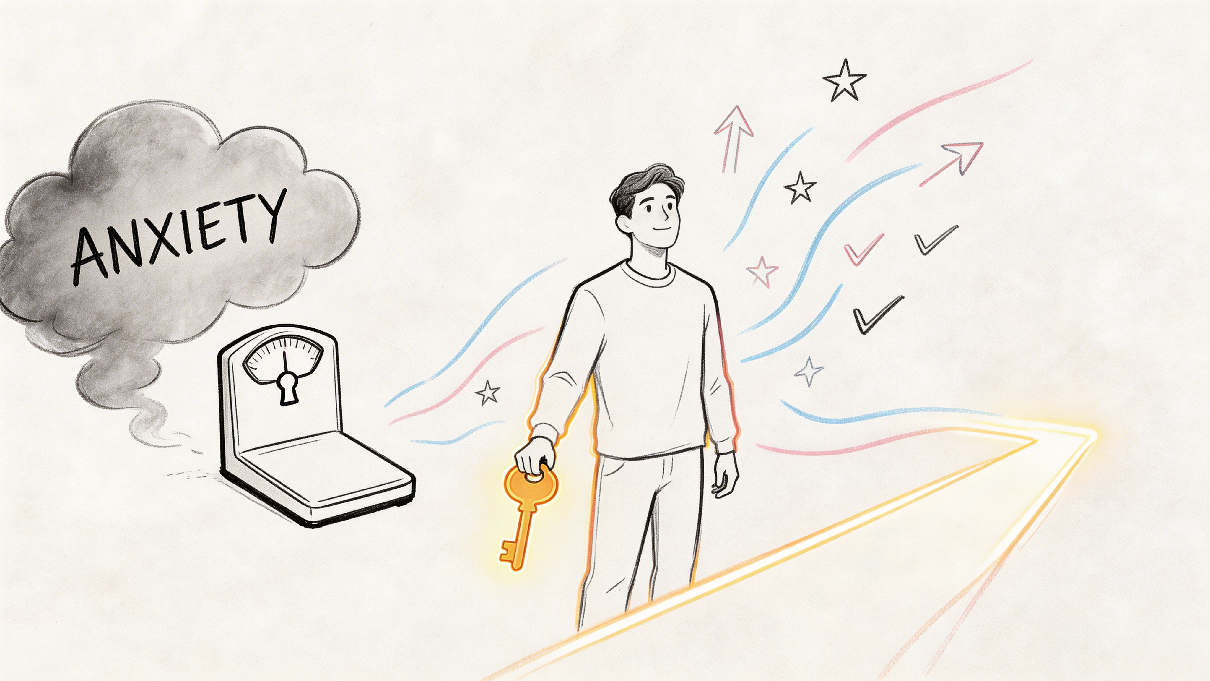 A man holding a key walking away from a weight scale representing anxiety toward a positive future.