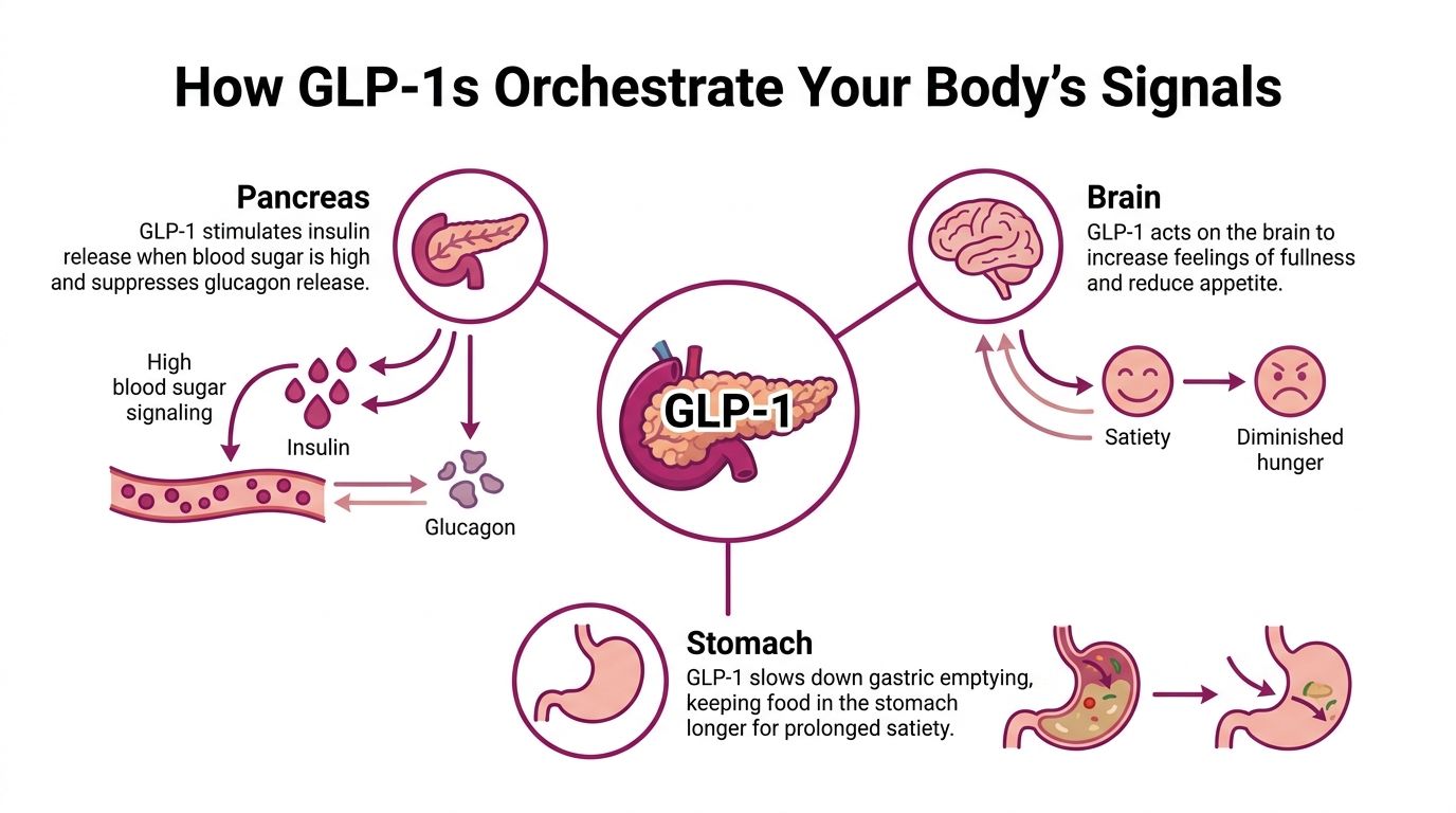 An infographic illustrating how GLP-1 medication impacts the pancreas, brain, and stomach to regulate body processes.