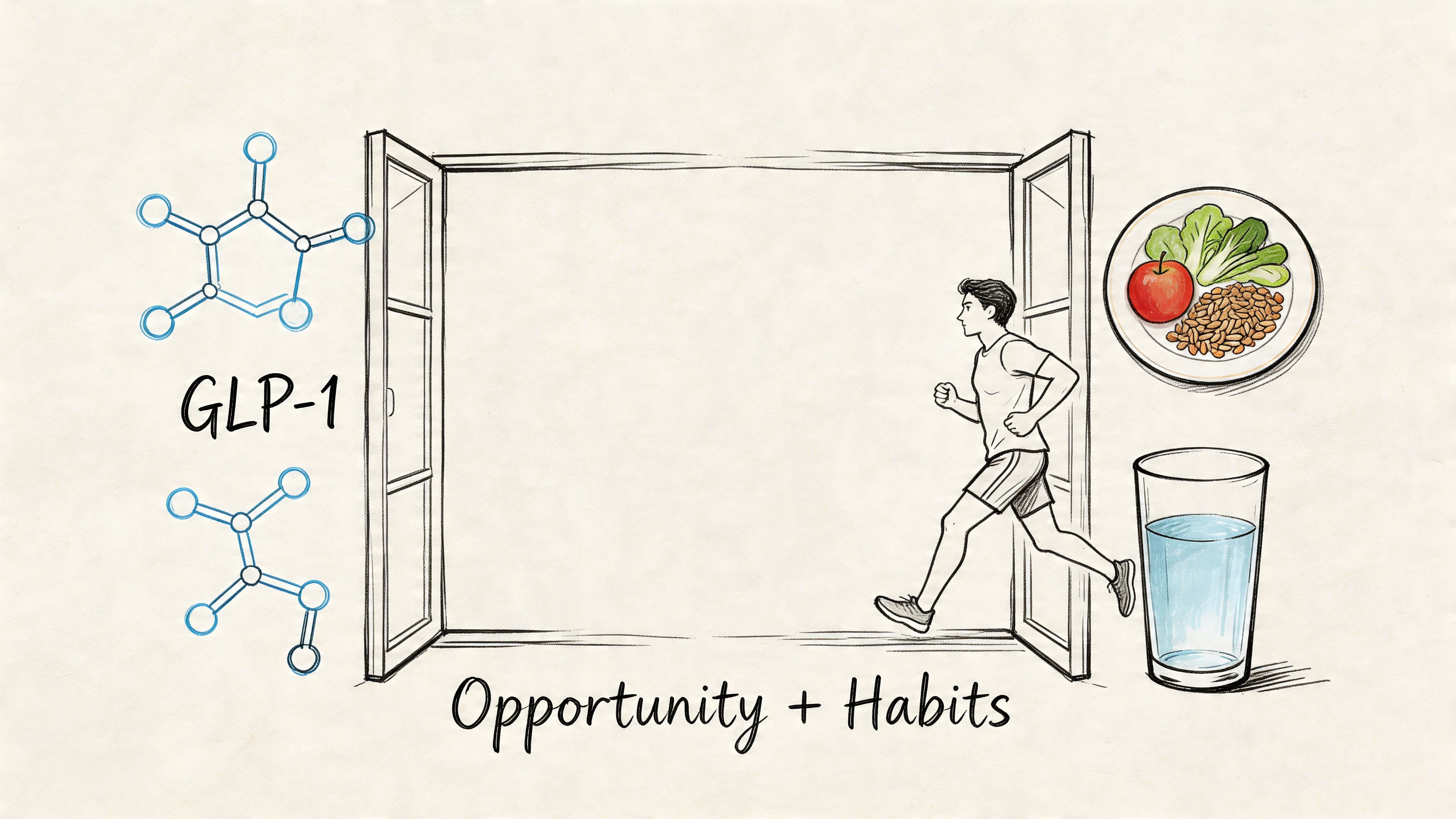 An illustration showing a molecule, a person running through an open window, healthy food, and water.