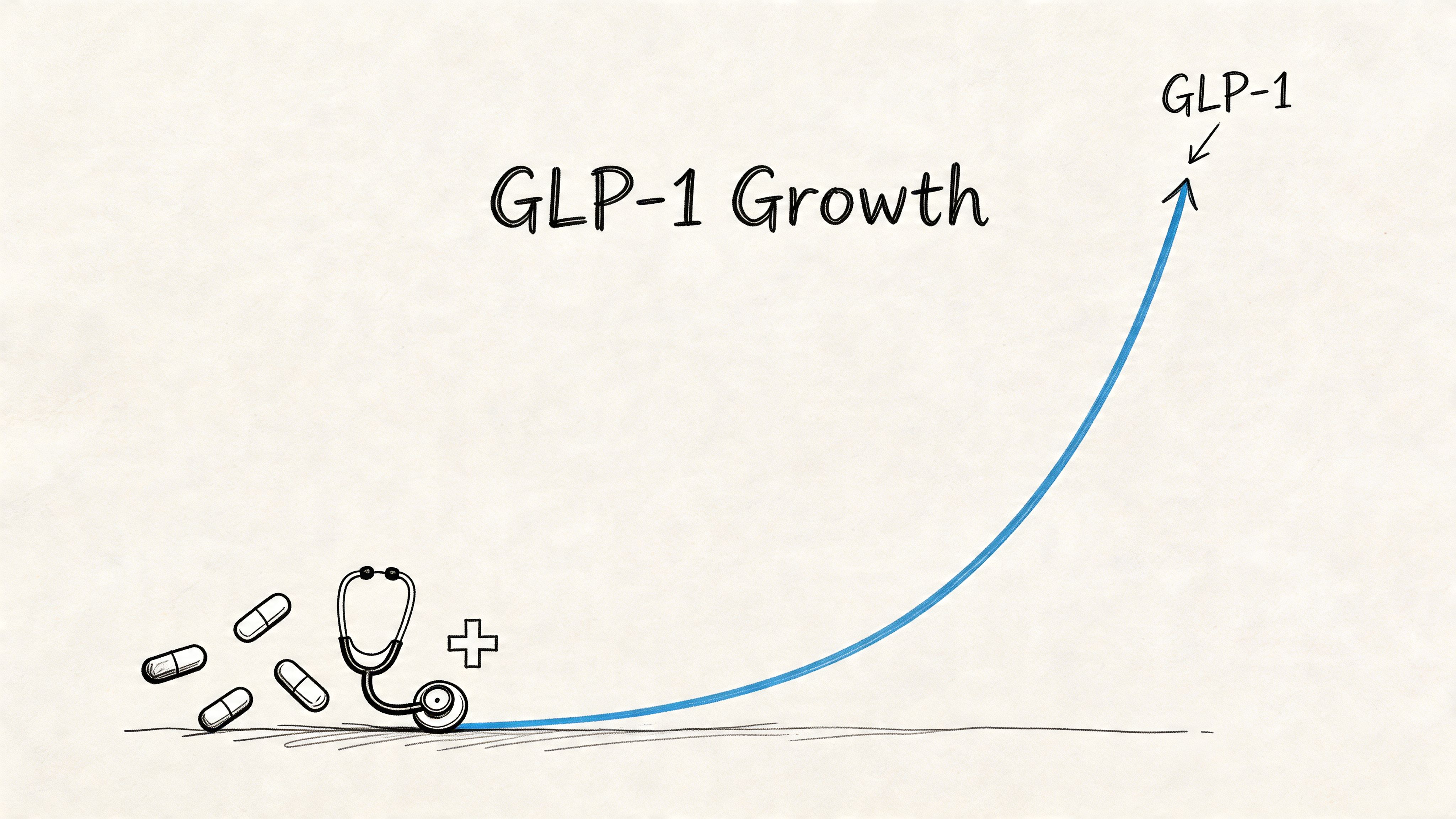 A hand-drawn style illustration showing an upward trending blue growth chart with medical pills and a stethoscope.
