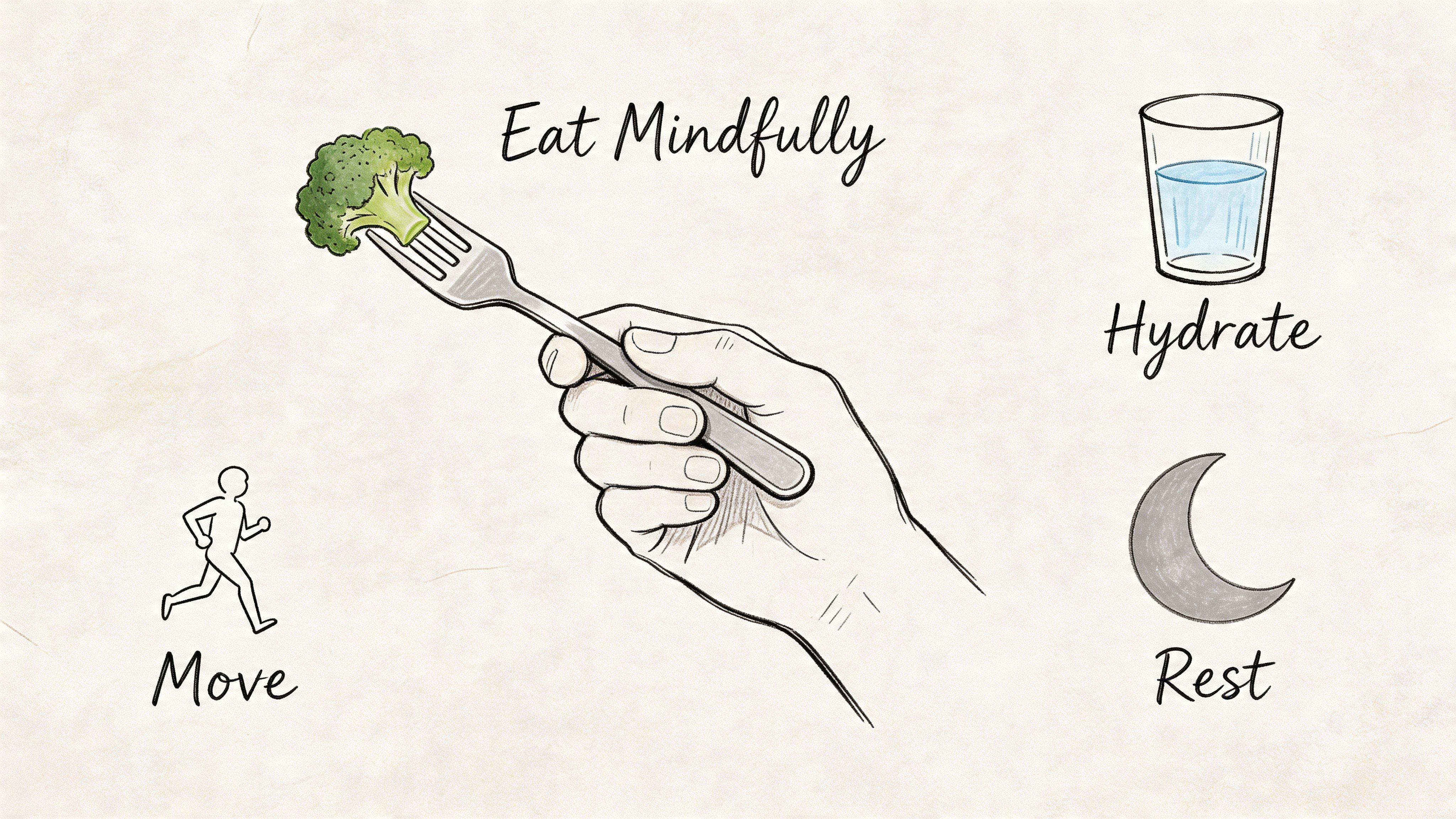 A hand holding a fork with broccoli next to icons for water, exercise, and sleep representing health.