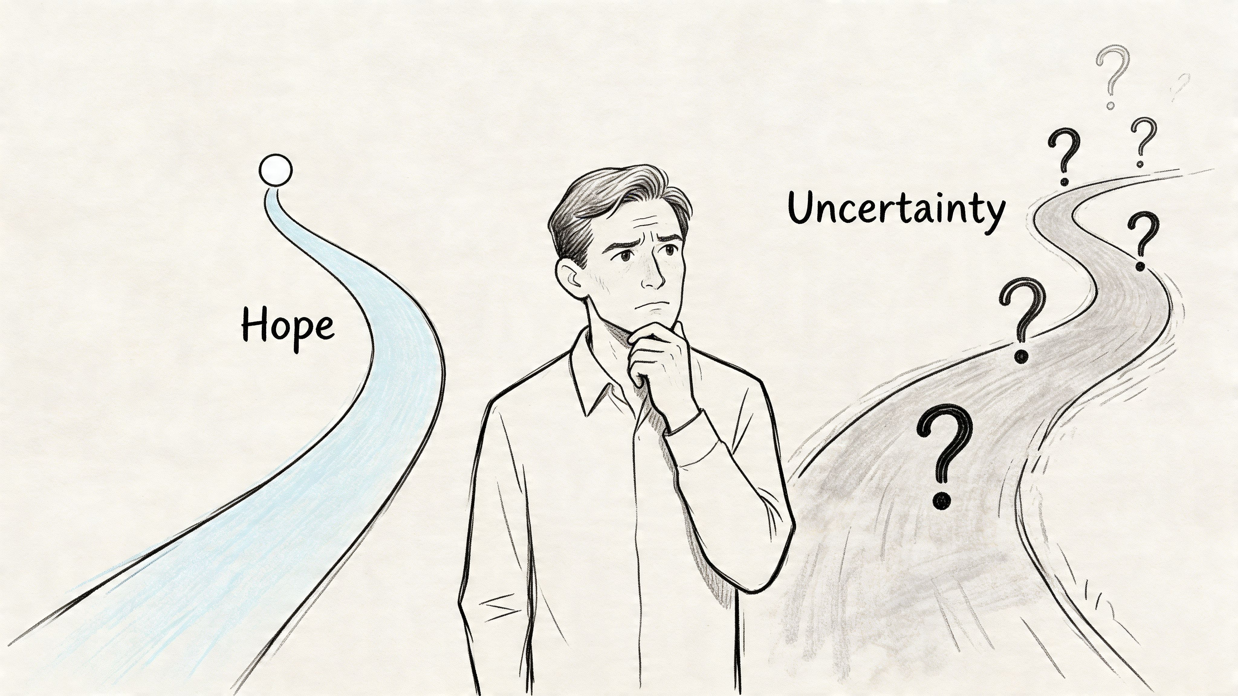 A contemplative man stands between two paths, one representing hope and the other representing uncertainty with questions.