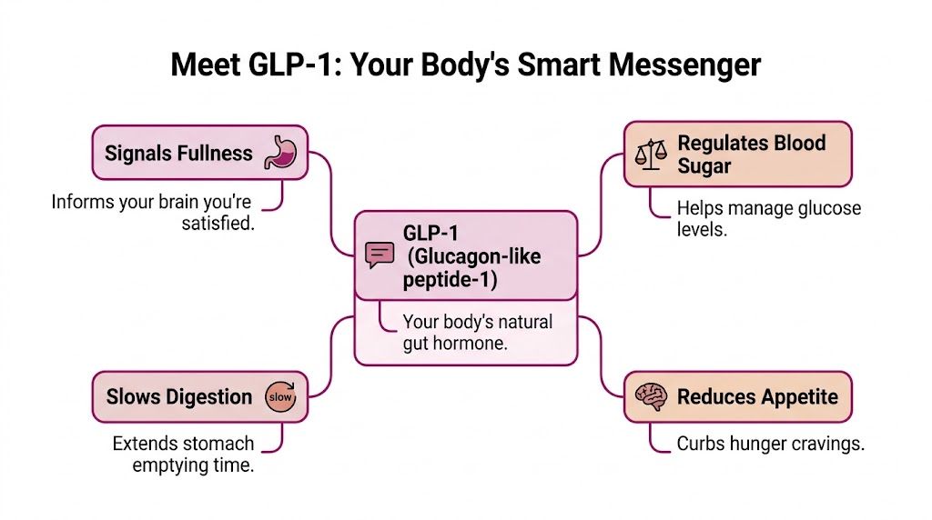 A diagram explaining the functions of GLP-1 hormone including fullness, digestion, blood sugar, and appetite regulation.