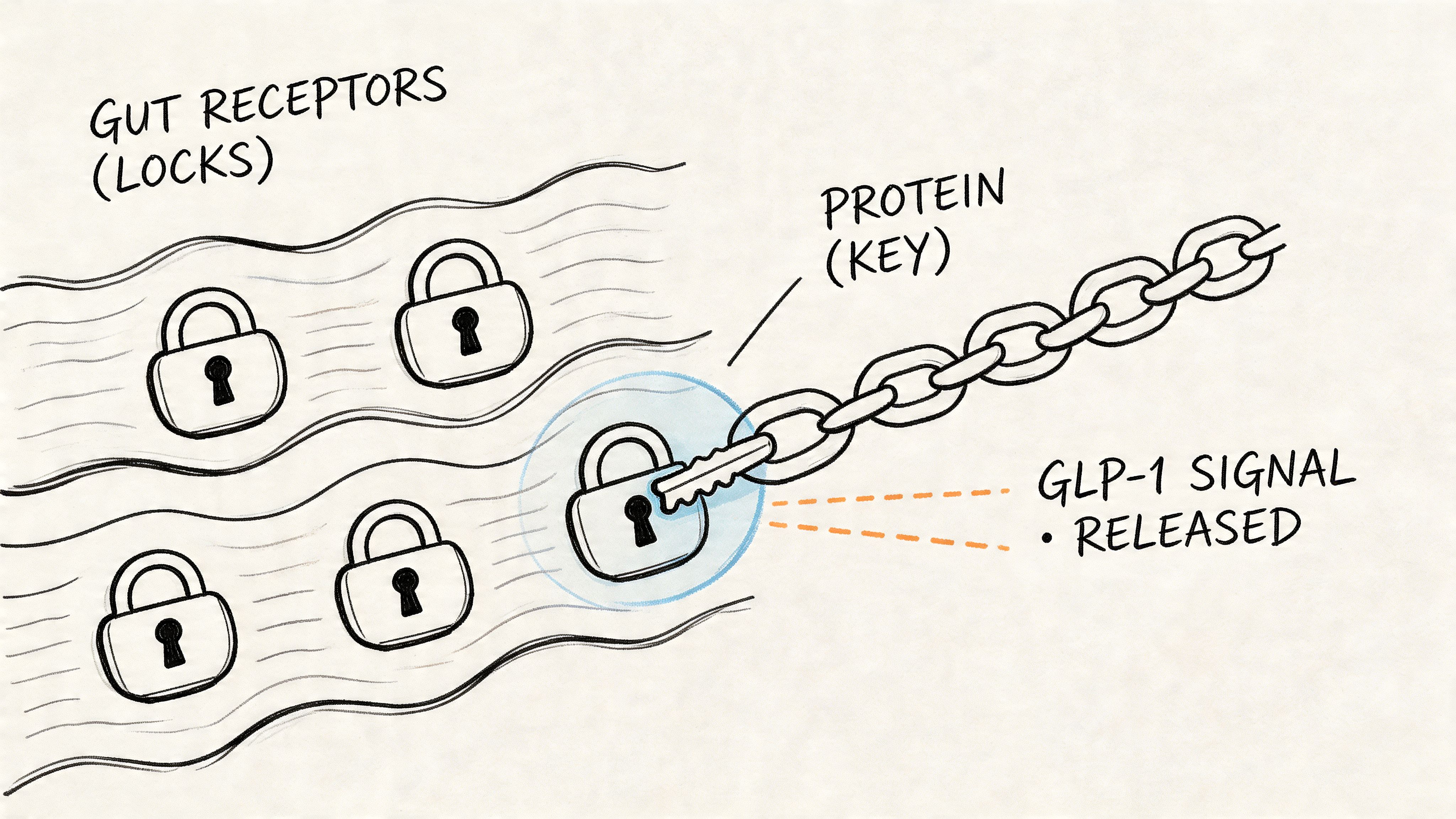 A diagram illustrating the biological concept of protein keys interacting with gut receptors to release GLP-1.