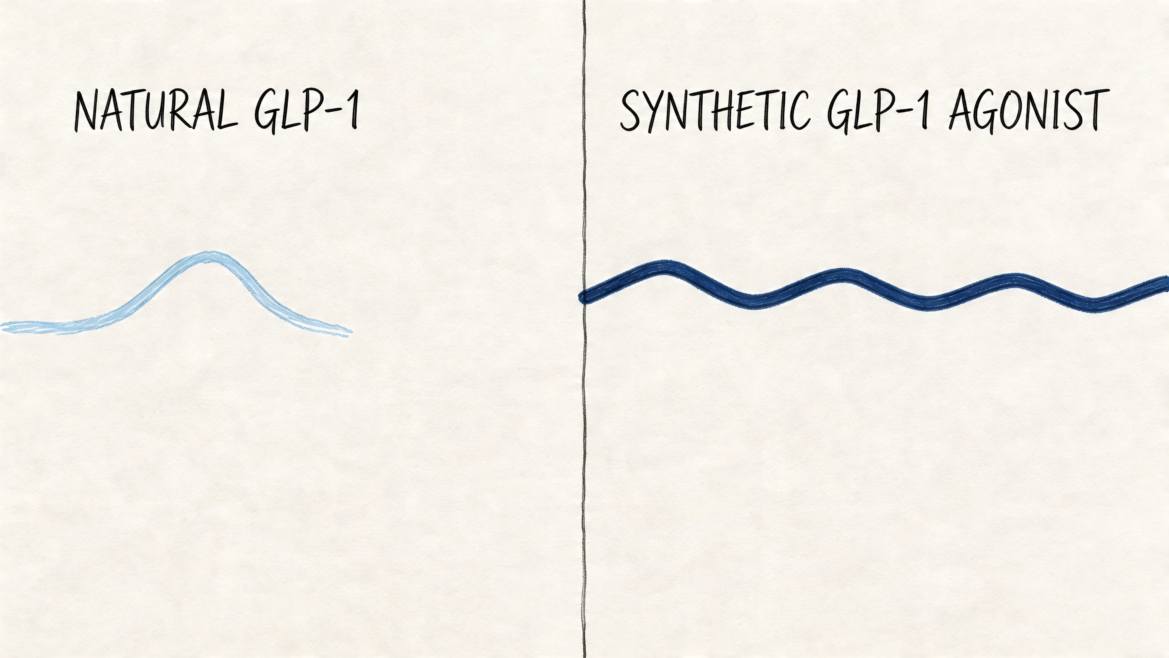 A diagram comparing the short duration of natural GLP-1 to the prolonged effect of synthetic agonists.