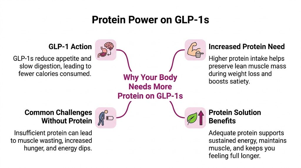 An infographic explaining why higher protein intake is essential when taking GLP-1 weight loss medications.
