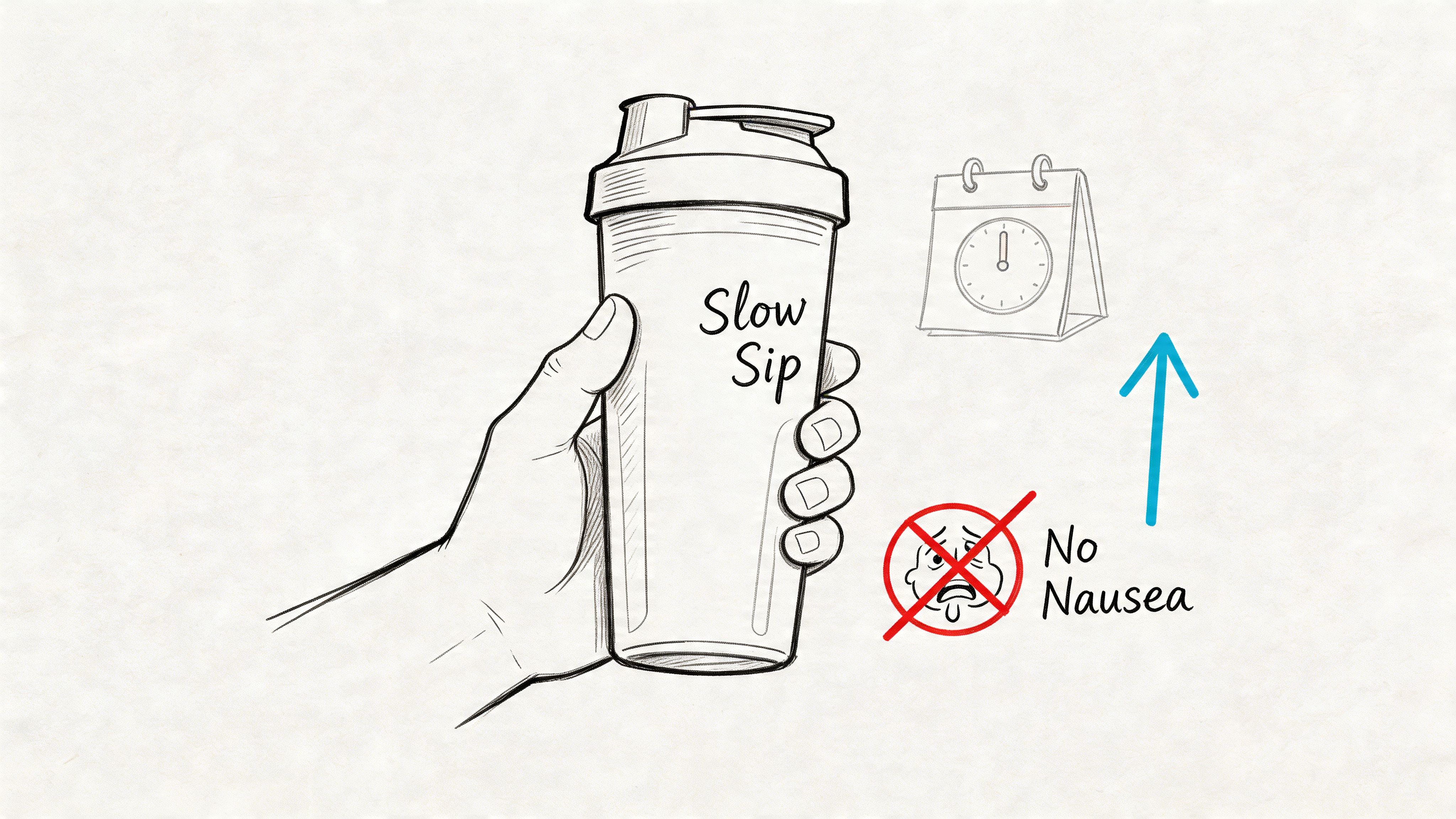 A hand holding a shaker cup labeled Slow Sip, illustrating how to prevent nausea while drinking.