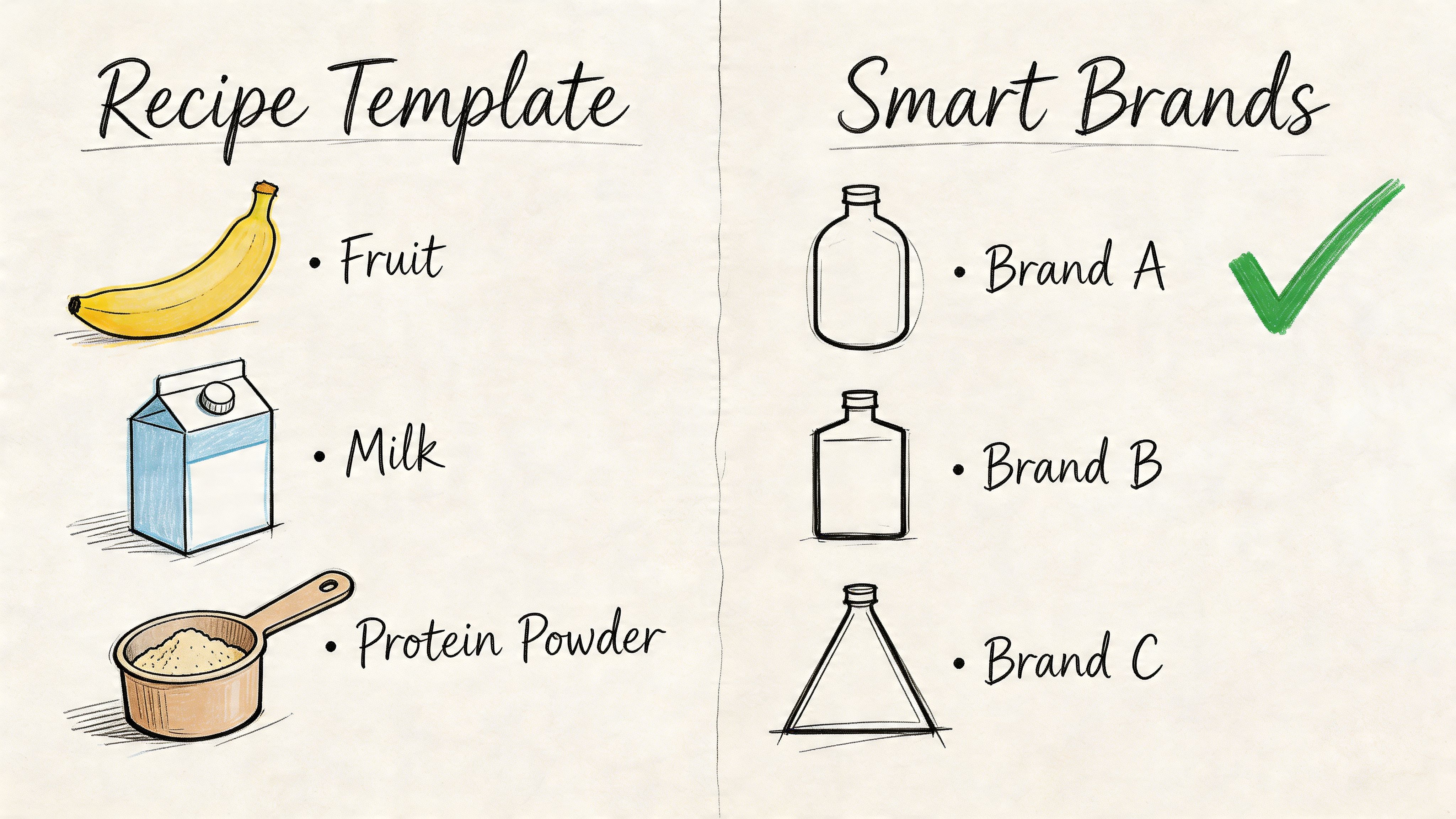 A diagram comparing a simple recipe template with ingredients against a list of different bottle brands.