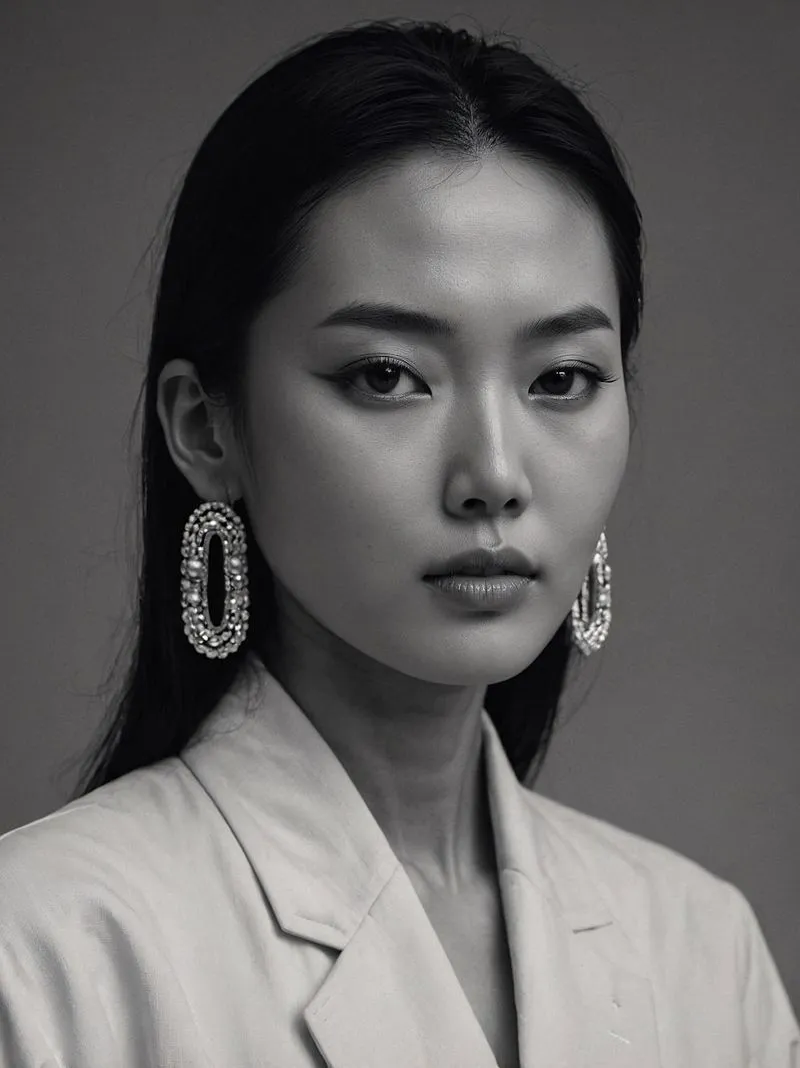 A black and white photo of a woman wearing earrings.