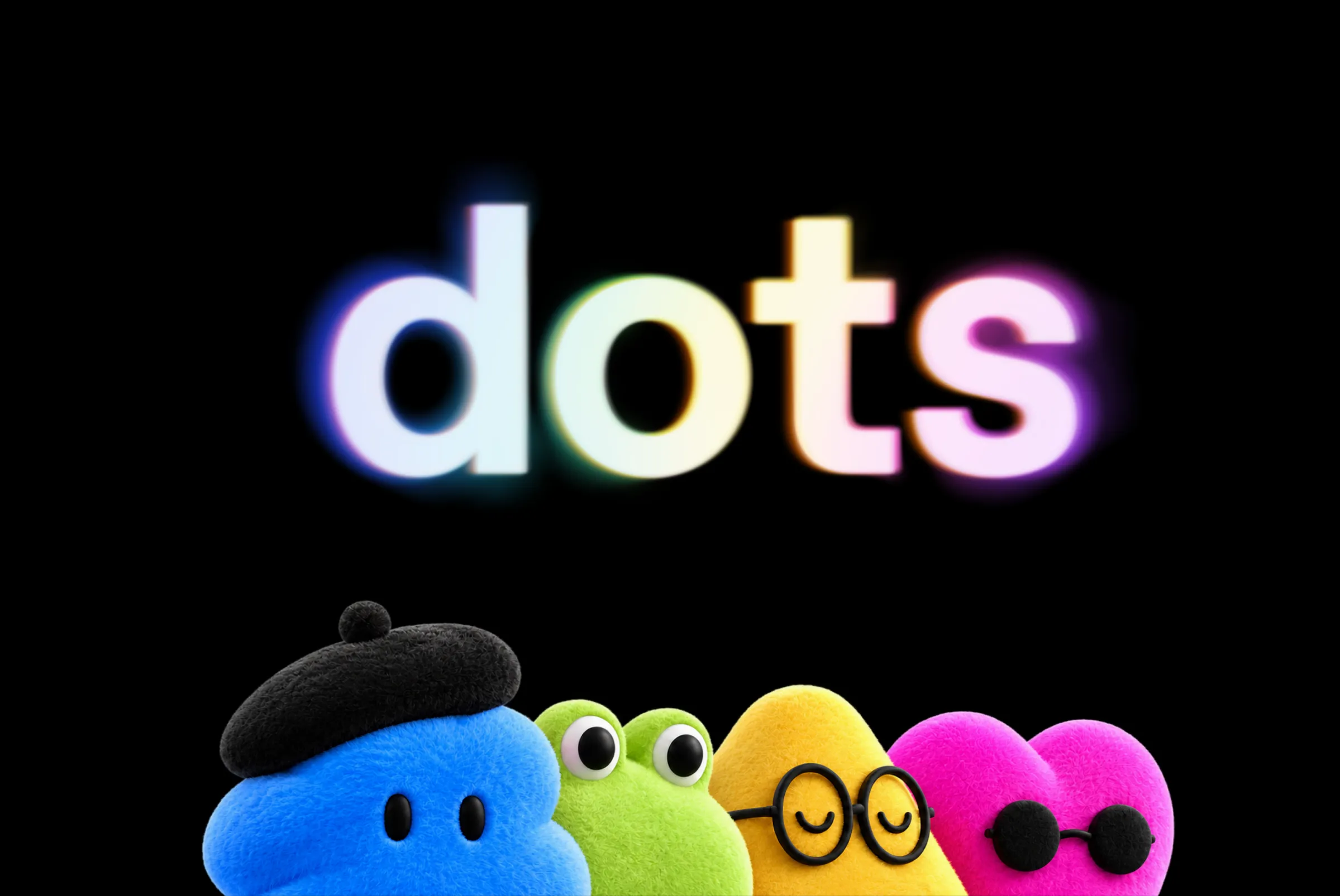 OpenAI Dots logo above four fuzzy agent characters: a blue one in a beret, a green frog, a yellow one with round glasses and a pink heart with sunglasses.