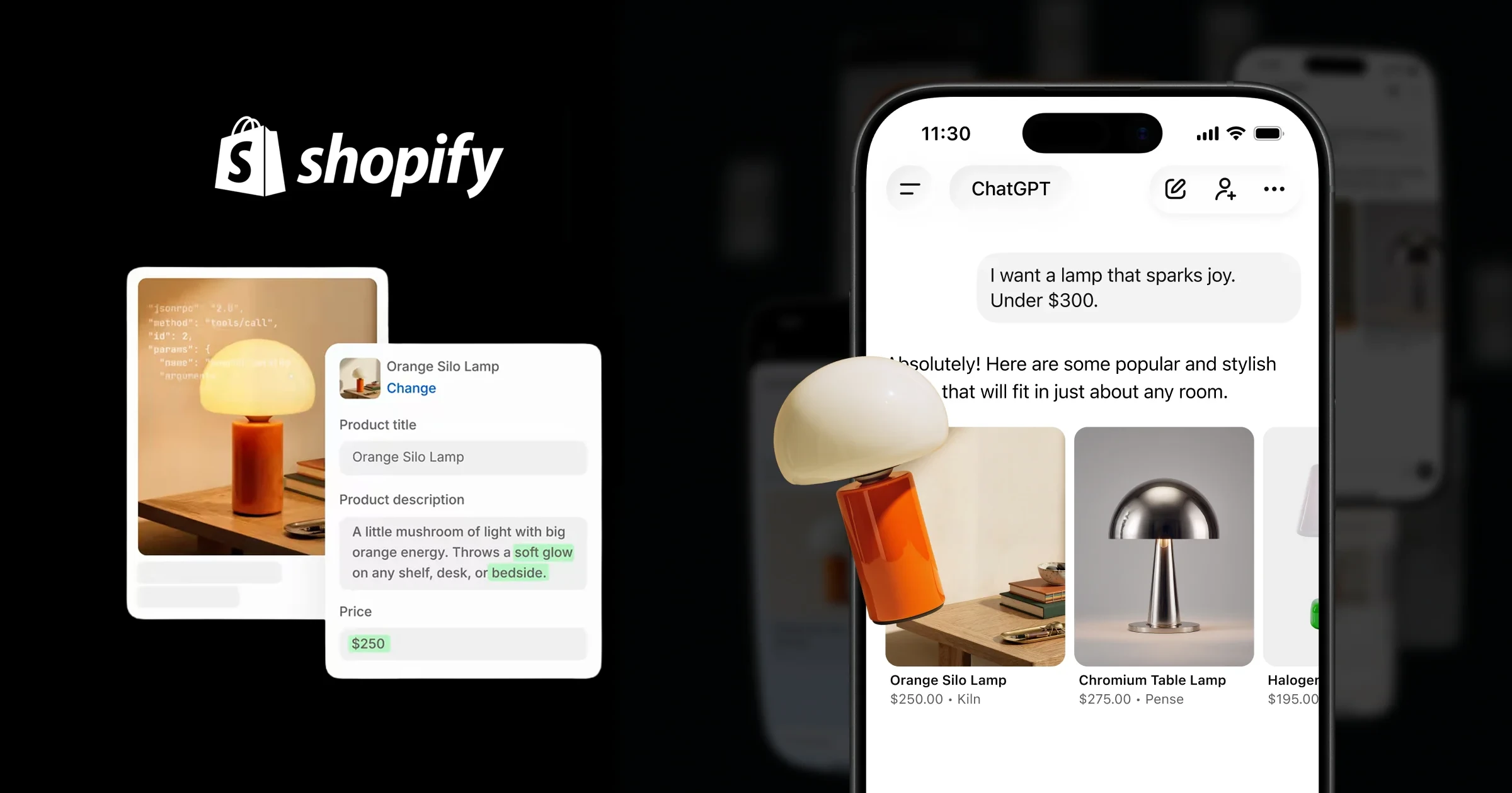 Shopify product data for an Orange Silo Lamp, including title, description and price, feeding a ChatGPT shopping carousel of lamps for the prompt ‘I want a lamp that sparks joy. Under $300.’