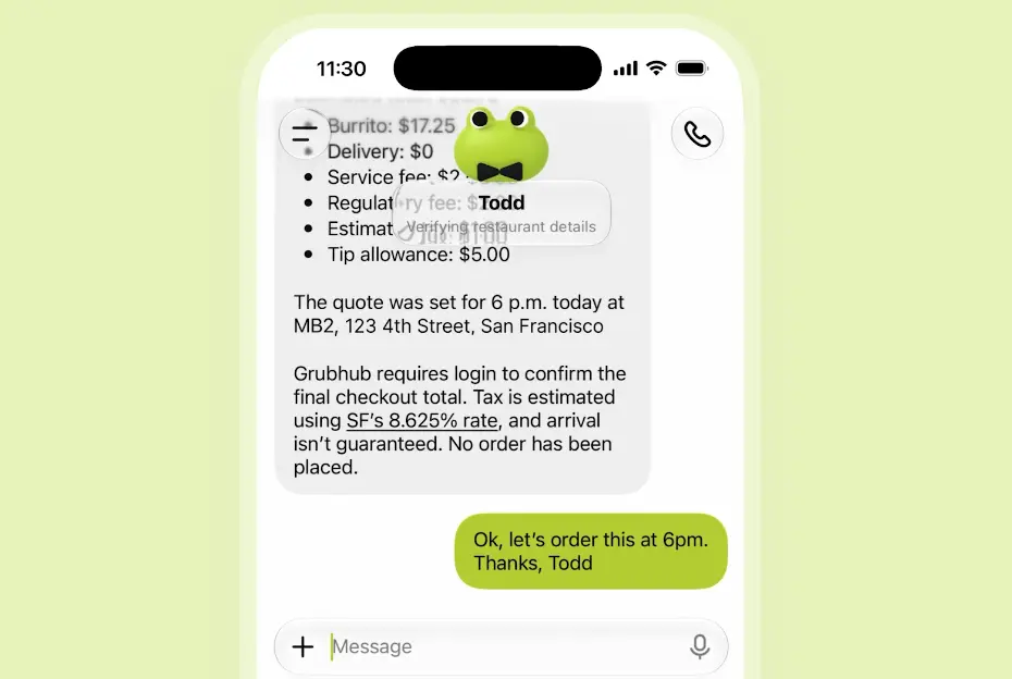 Text conversation with a Dots agent named Todd, who quotes a Grubhub burrito order with fees, delivery time and address, notes that no order has been placed yet, and the user replies to order it at 6pm.