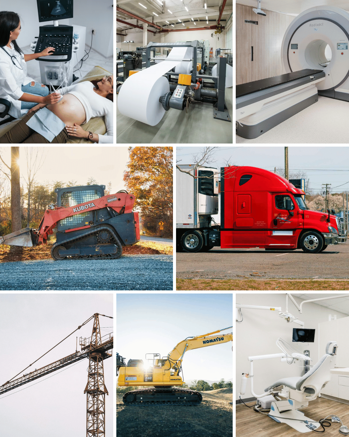 Collage of seven images featuring a doctor performing an ultrasound,, industrial paper machine, MRI scan machine, Kubota mini excavator, red semi-truck, construction crane, Komatsu excavator, and a modern dental chair setup.
