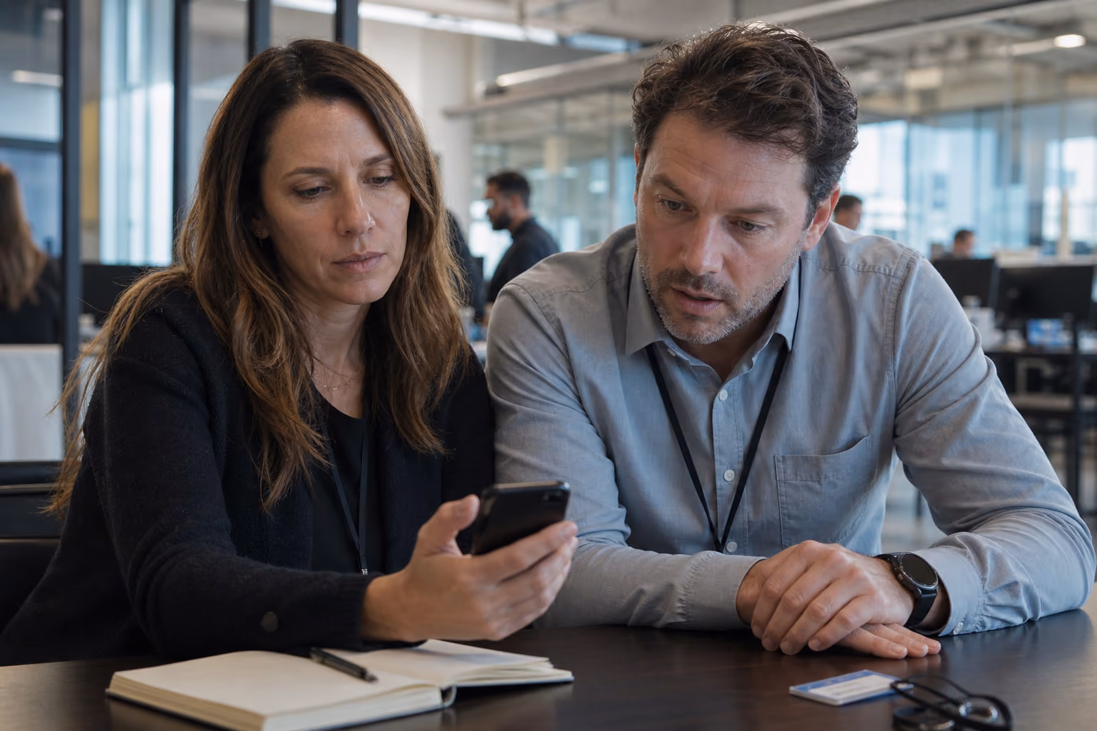 Two coworkers at a desk looking at a smartphone, with an open notebook and glasses on the table.