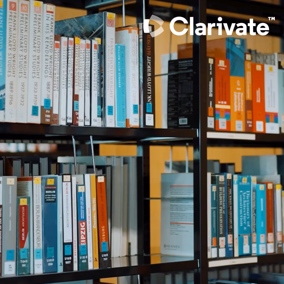 Bookshelves filled with various books and the Clarivate logo on the upper right corner.
