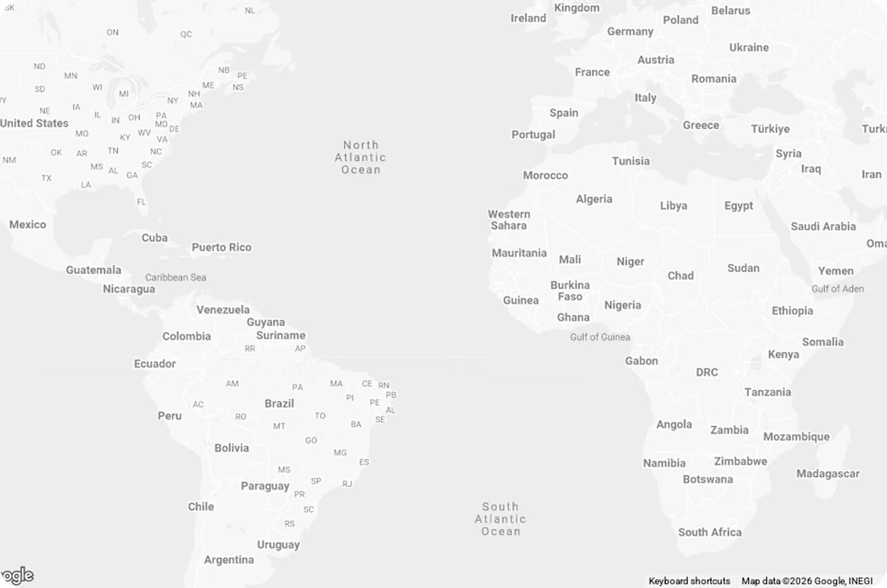Map showing countries in South America and Africa with surrounding Atlantic Ocean labeled.