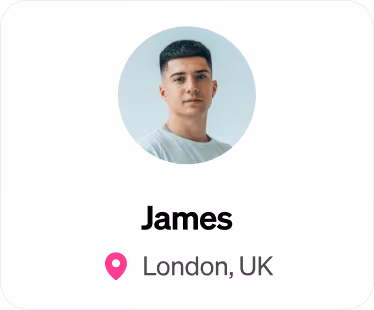 Portrait of James with short black hair, located in London, UK, with location icon.