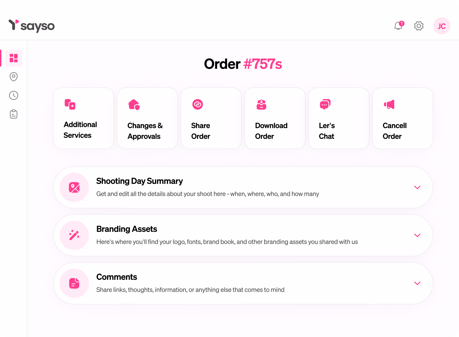 Dashboard with order options like Additional Services, Changes & Approvals, Share, Download, Chat, and Cancel Order.