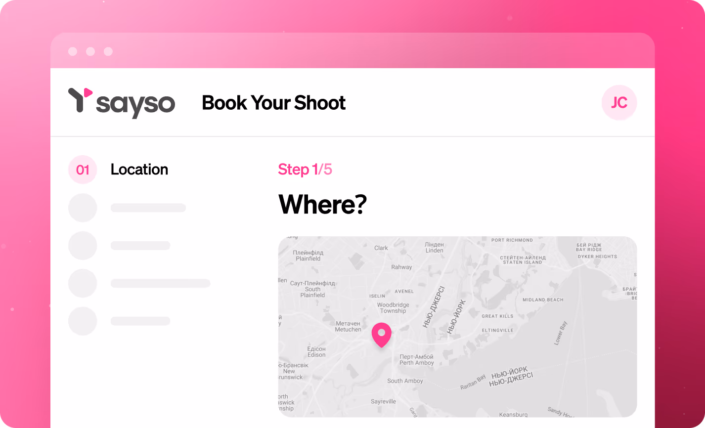 Website interface for booking a shoot showing step 1 of 5: selecting location with a map and a pink pin.