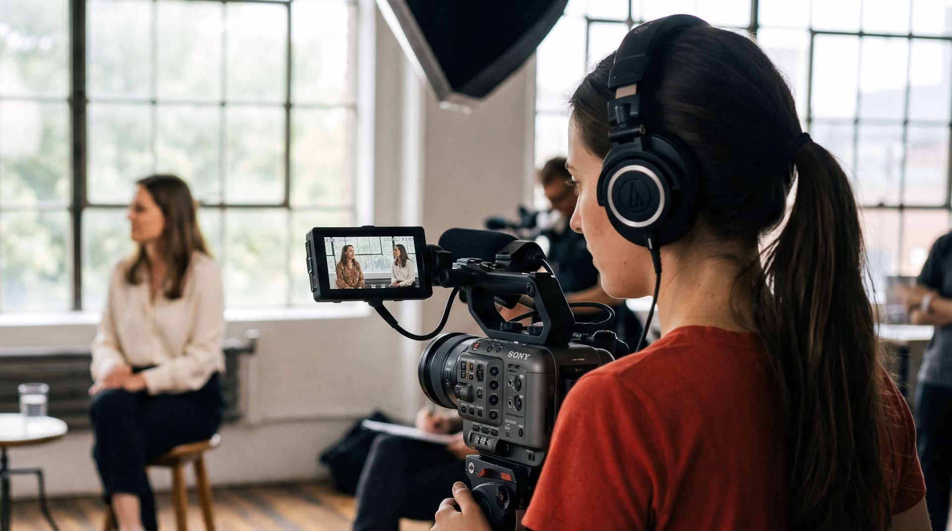 Woman wearing headphones filming two women having a conversation on a camera monitor in a bright room.