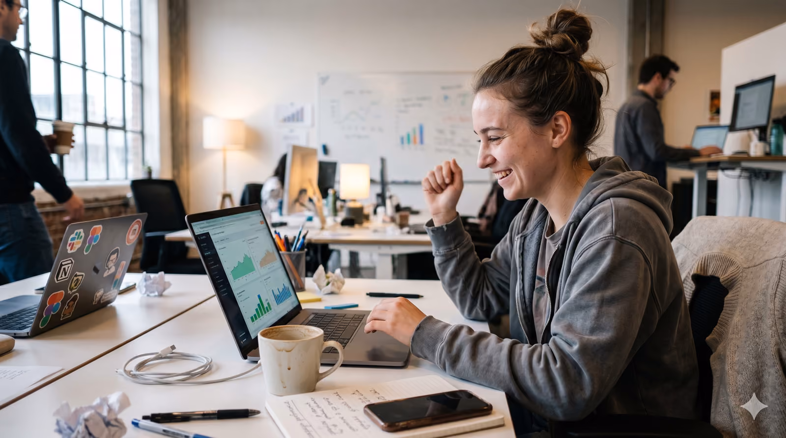 Smiling woman using laptop with charts, coffee cup, notebook, and phone on desk in shared office space.