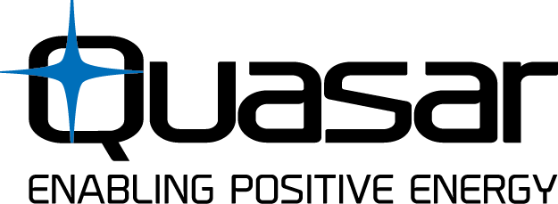 Quasar logo with blue star icon and text 'Enabling Positive Energy' below in black font.