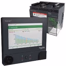 Schneider Electric power quality meter showing 13 harmonics graph on a digital display.