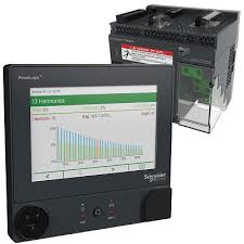 Schneider Electric power quality meter showing 13 harmonics graph on a digital display.