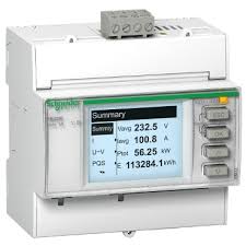 Schneider Electric PM3000 energy meter displaying voltage, current, power, and energy values.