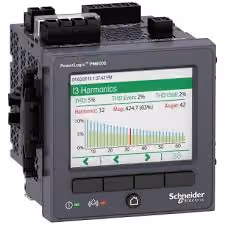 Schneider Electric PowerLogic PM8000 device showing harmonic analysis and power data on screen