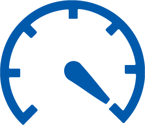 Blue speedometer icon with the needle pointing downward right.
