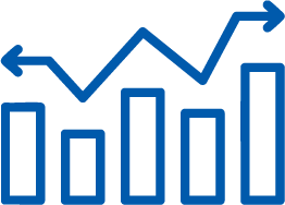 Blue bar chart with fluctuating arrow lines showing upward and downward trends.