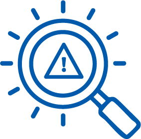 Magnifying glass highlighting a warning triangle with an exclamation mark in blue.