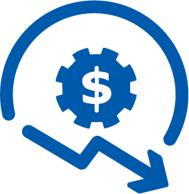 Blue gear with dollar sign inside a declining arrow, symbolizing financial loss or cost reduction.