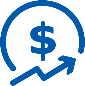 Blue dollar sign with upward arrow inside a partial circle representing increasing costs.