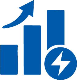 Blue bar chart with ascending bars and an upward arrow, accompanied by a lightning bolt icon.
