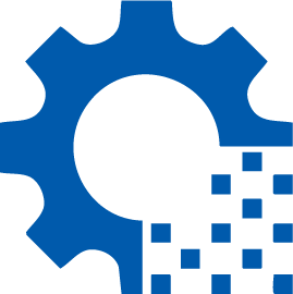 Blue gear icon partially dissolving into small squares on white background.