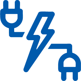 Blue electric plug and socket connected by a lightning bolt symbolizing power or electricity.