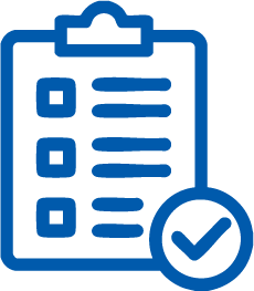 Blue checklist on a clipboard with a checkmark in a circle at the bottom right.