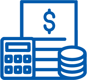 Blue icon of a calculator, a document with a dollar sign, and stacked coins representing budgeting.