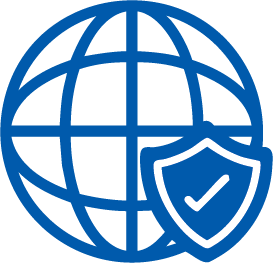 Blue globe with a shield and checkmark symbolizing global security or internet protection.