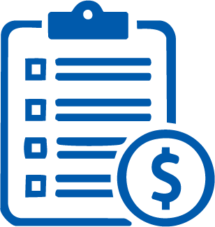 Blue clipboard with a checklist and a dollar sign symbol representing billing or payments.